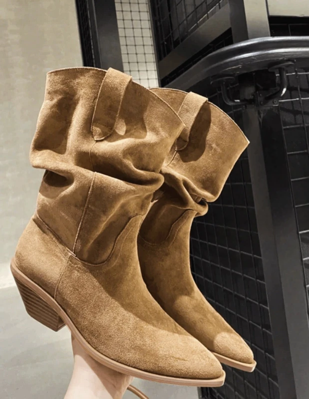 Western Suede Mid Calf Boots